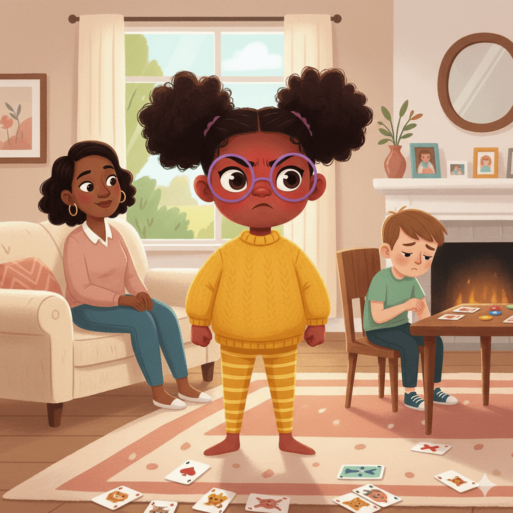 Illustration of a frustrated child with glasses standing between a parent and another child, with scattered cards on the floor