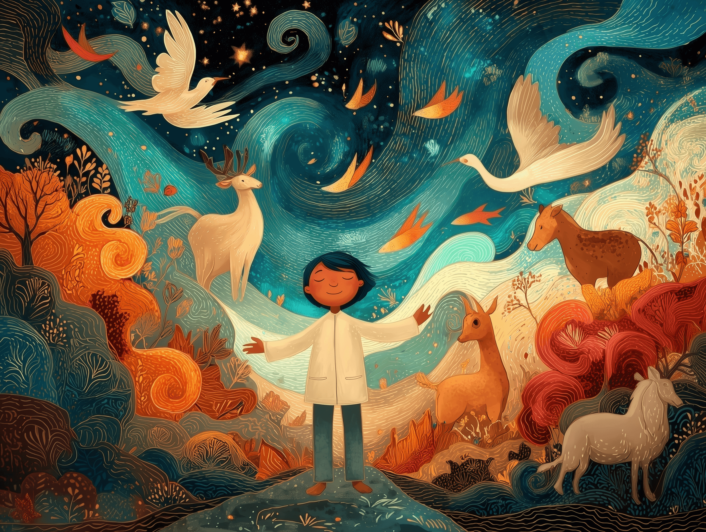 Illustration of a child with arms outstretched surrounded by magical animals, swirling teal skies, and vibrant orange foliage