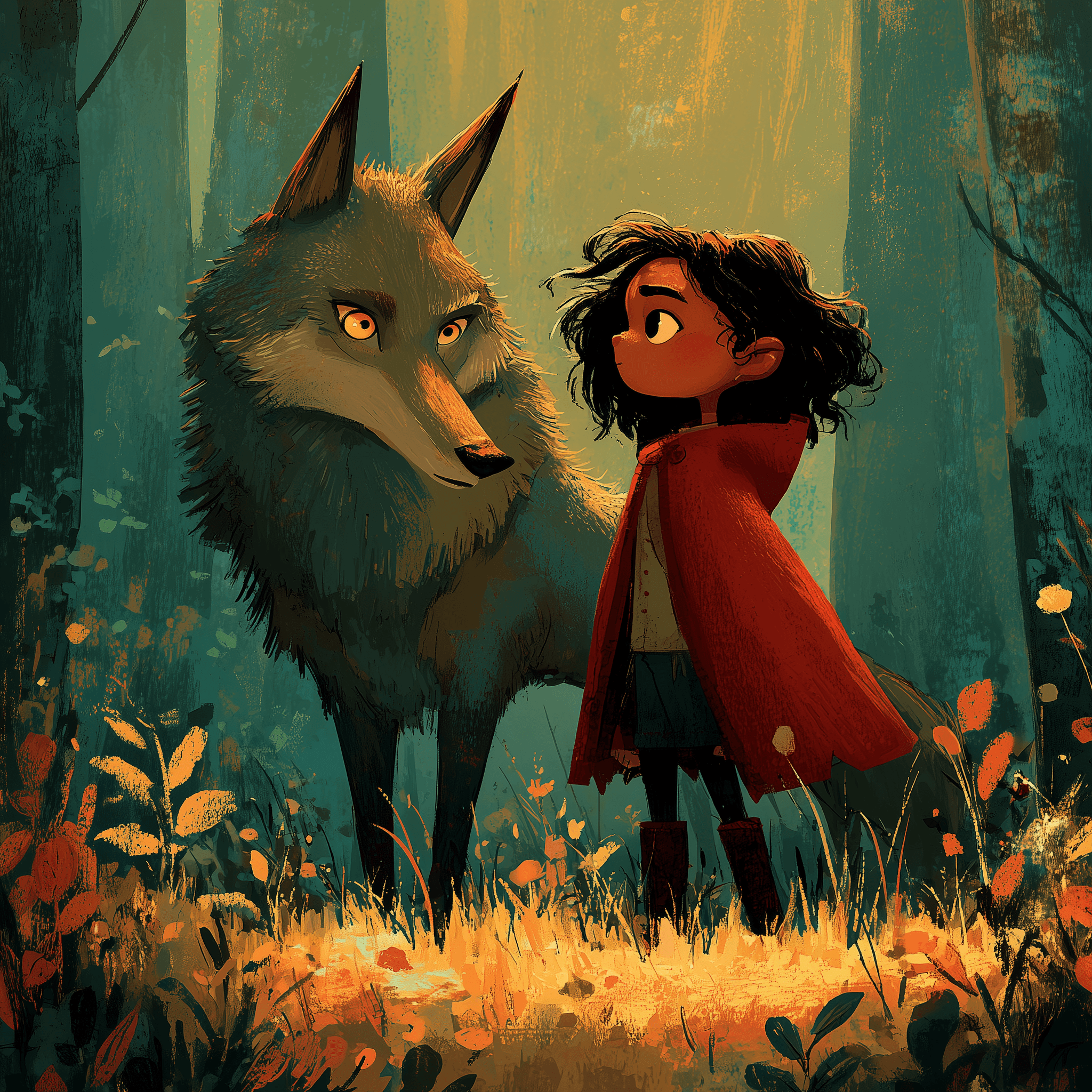 Illustration of Little Red Riding Hood and the wolf standing together in a forest clearing, looking at each other as friends