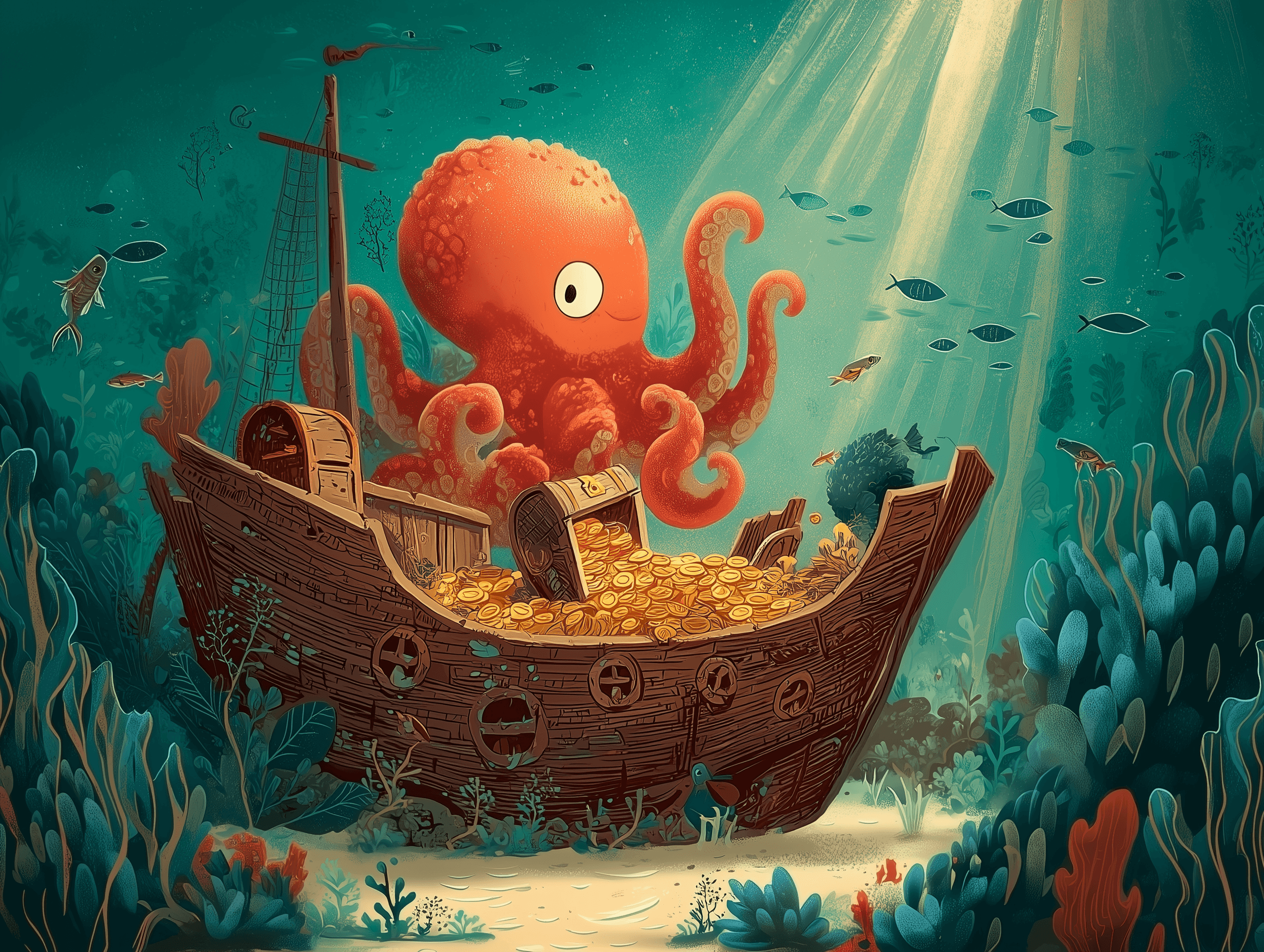 Illustration of Ollo the octopus sitting in a sunken ship filled with gold coins, surrounded by fish and underwater plants