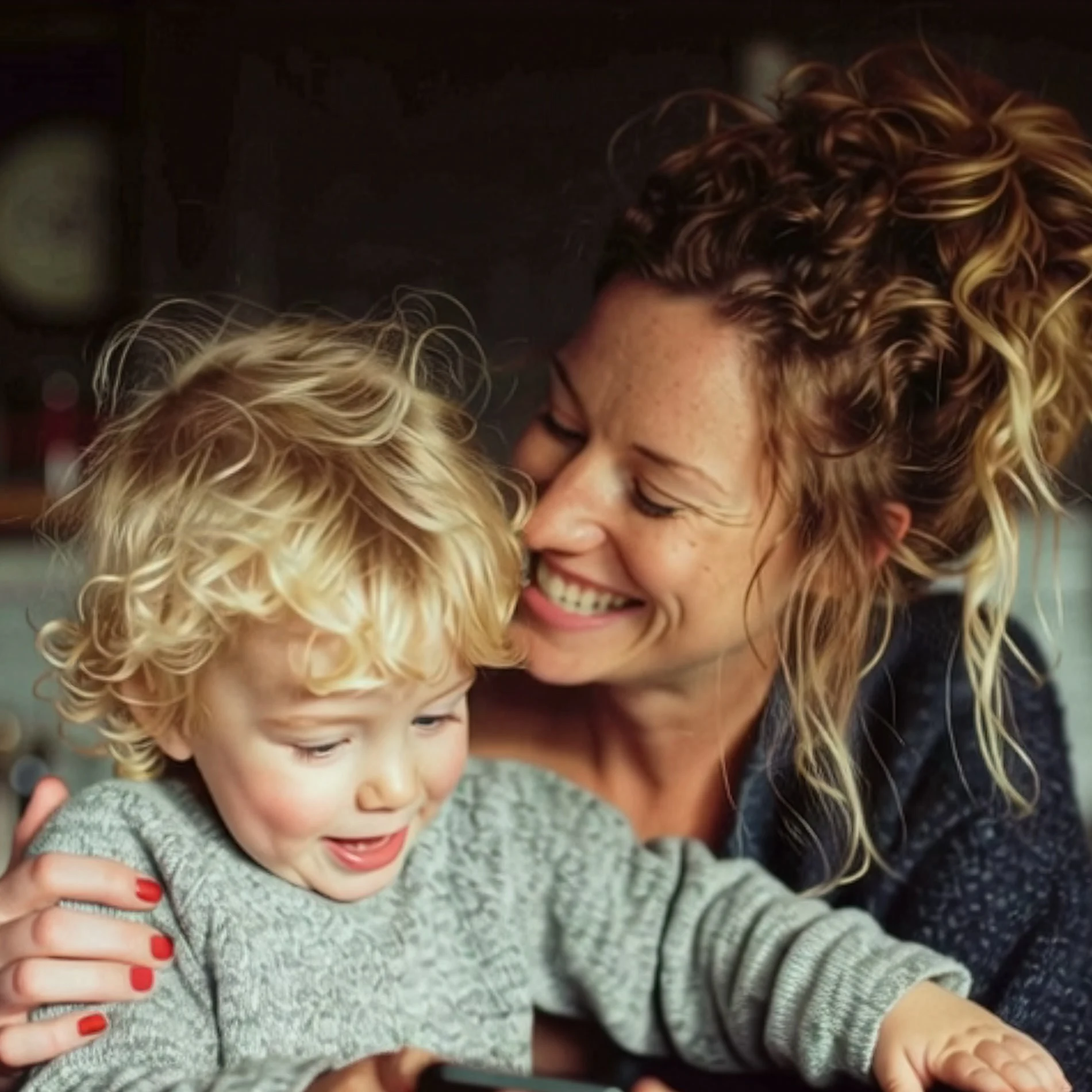 Parent and child laughing together while looking at the Minari story app on a phone