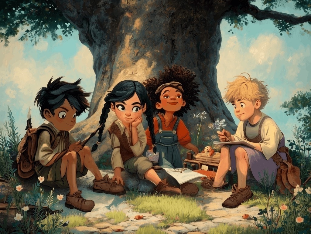 Illustration of four children resting together beneath a great ancient tree, one sketching a wildflower, surrounded by grass and soft light
